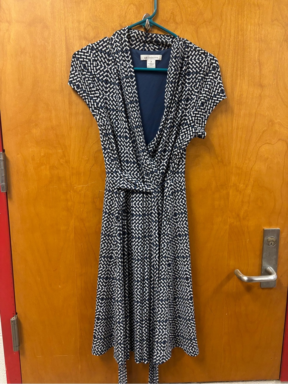 Liz Claiborne Navy and White Printed Faux-Wrap Dress